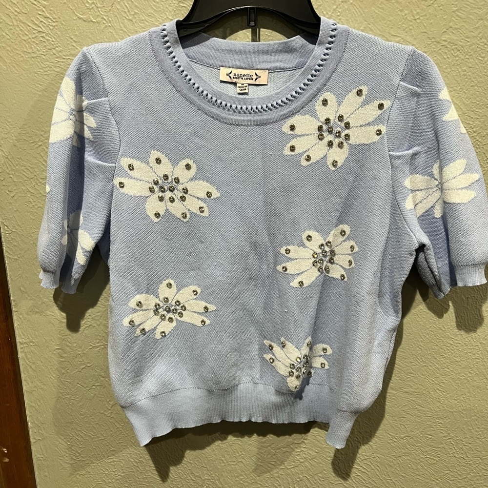 Nanette Lepore Light Blue Short-Sleeve Floral Sweater with Crystal Accents